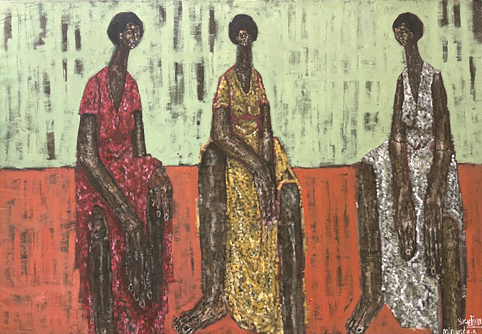 Yusuf Mirumbe, The Face of Hope — three seated figures in red, gold and white