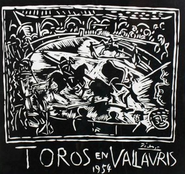 Pablo Picasso, Toros en Vallauris — black and white linoleum print of a bullfight