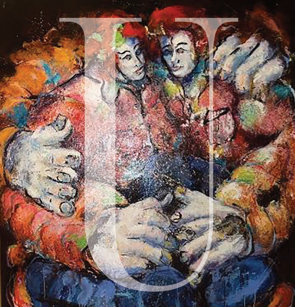 The letter U, overlaid on Father Jerome Tupa's painting of an embrace.