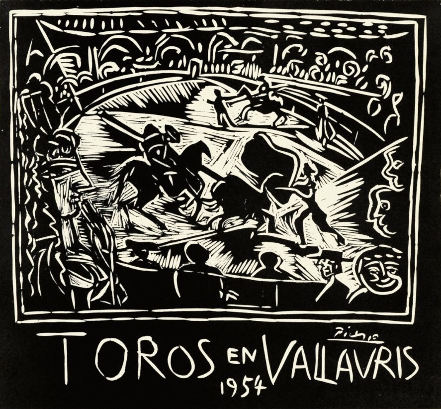 Picasso's Toros en Vallauris 1954 linocut — the bullring carved in bold black and white.
